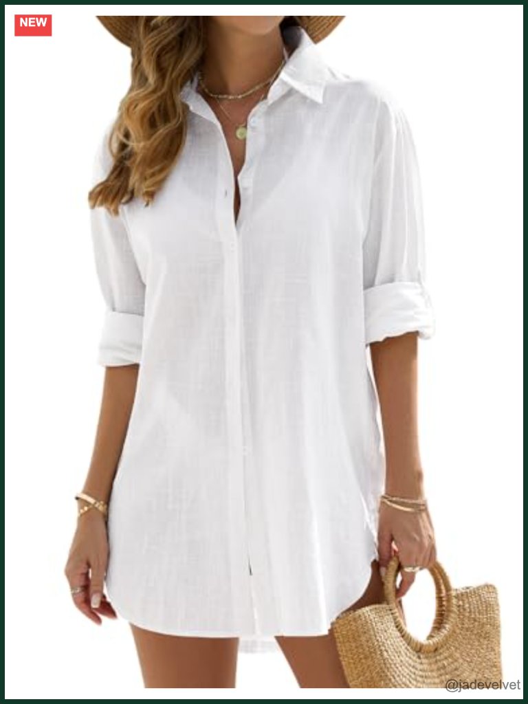 Women's Cotton Linen V-Neck Button Down Swim Cover Up Beach Dress